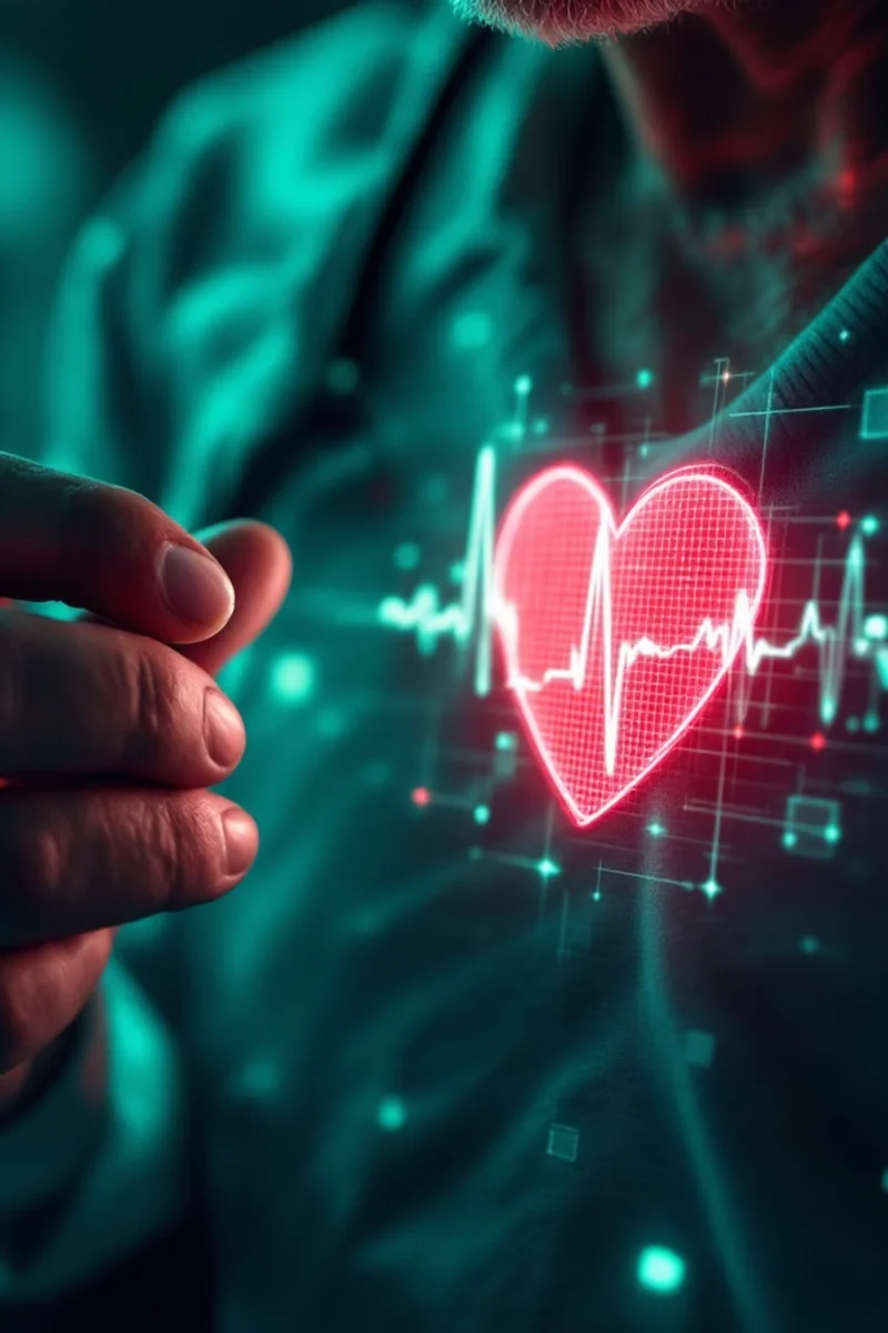 Digital heart visualization with ECG waveform representing Precordia's AI-powered cardiac analysis